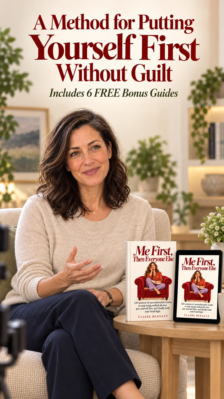 Woman seated beside the Me First, Then Everyone Else book and tablet, with the message A Method for Putting Yourself First Without Guilt